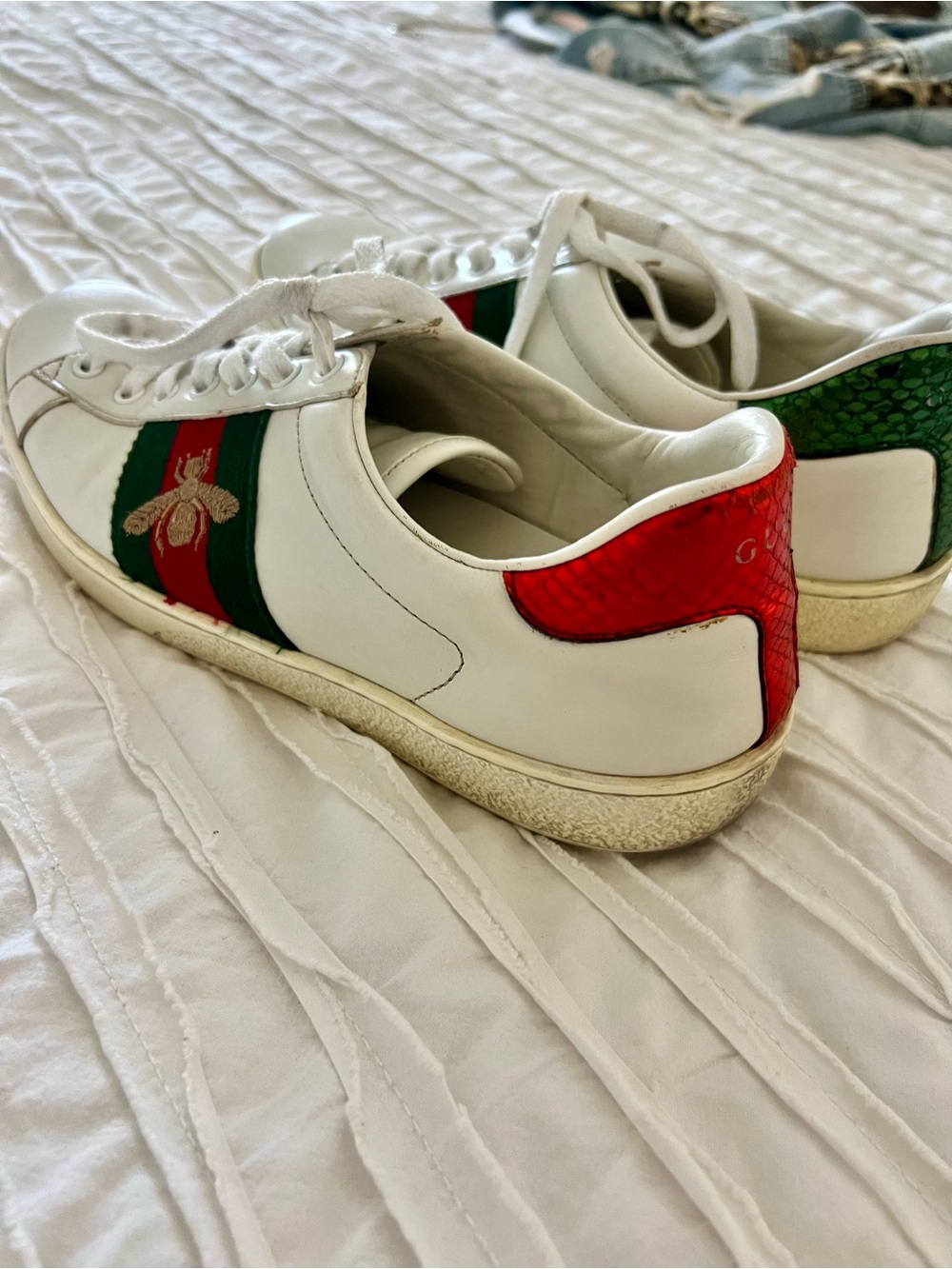 Gucci White Leather Sneakers with Red & Green Heel Accents